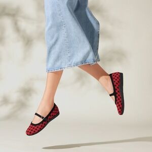 VIVAIA Red Plaid Round-Toe Flats‎ Claire Walker Mary Comfort Shoes EU/41 US/9.5